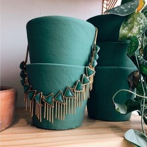 1970s Vintage Green Glass Triangle Fringe Necklace Brass Boho Statement
